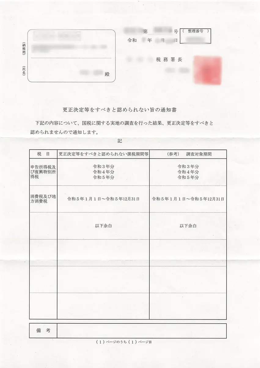 更正決定等をすべきと認められない旨の通知書（暗号資産税務調査・追徴課税なし）
